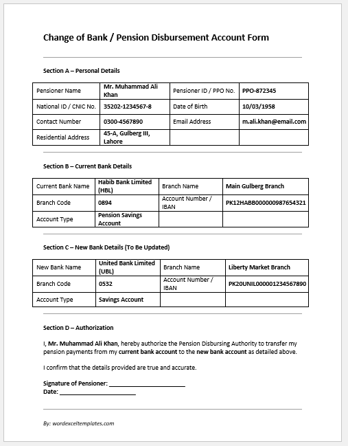 Change of Bank / Pension Disbursement Account Form