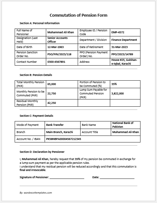 Commutation of Pension Form