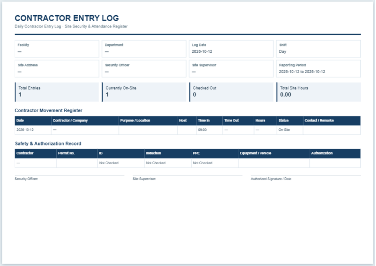 Contractor Entry Log Template