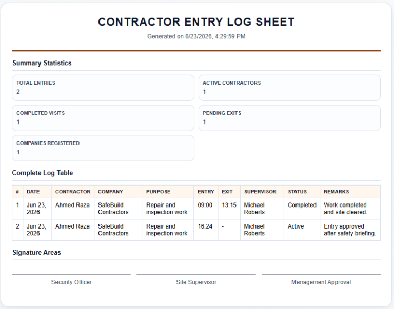 Contractor Entry Log Template