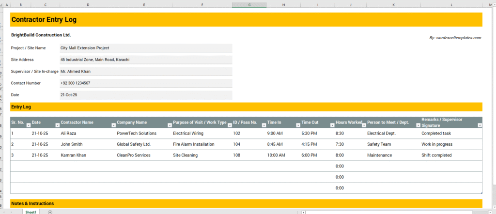 Contractor Entry Log Template for Excel