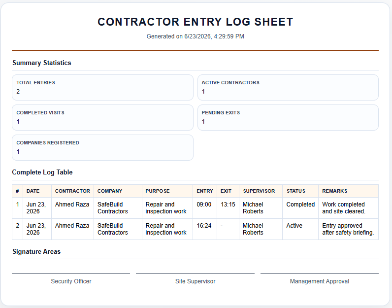 Contractor Entry Log Template