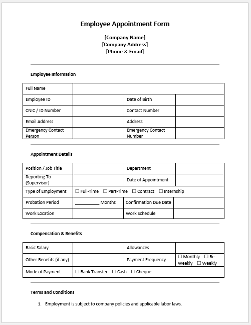 Employee Appointment Form