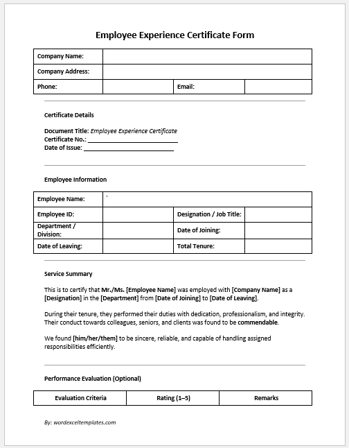 Employee Experience Certificate Form