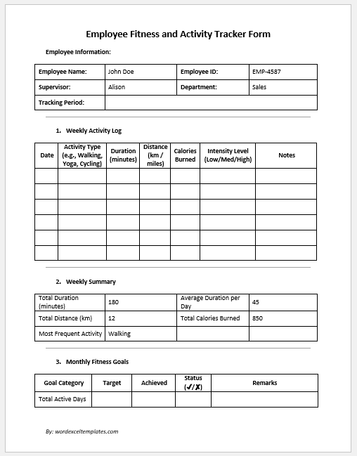 Employee Fitness and Activity Tracker Form