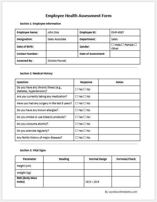 Employee Health Assessment Form