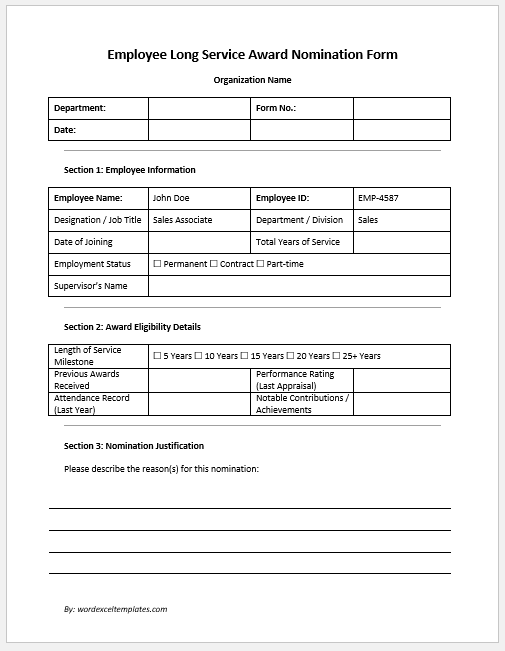 Employee Long Service Award Nomination Form