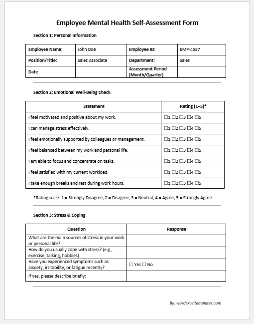 Employee Mental Health Self-Assessment Form