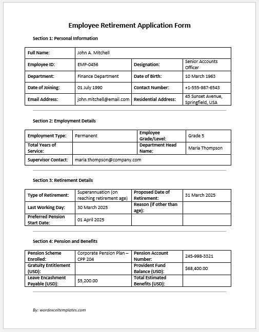 Employee Retirement Application Form
