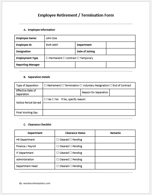 Employee Retirement / Termination Form