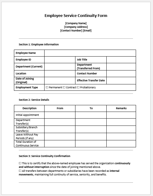 Employee Service Continuity Form