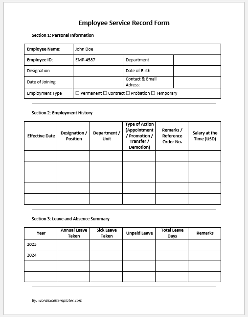 Employee Service Record Form