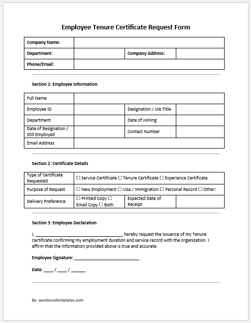 Employee Tenure Certificate Request Form