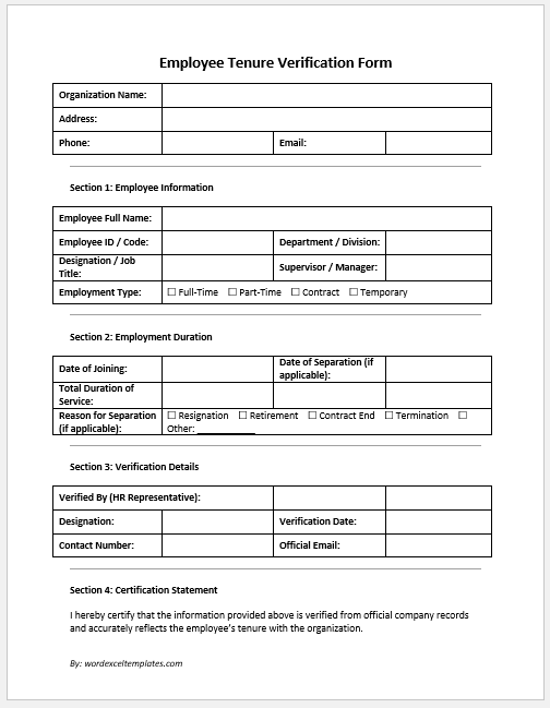 Employee Tenure Verification Form