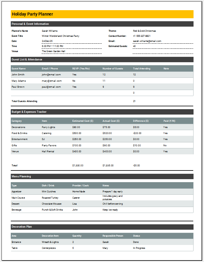 Holiday Party Planner Template for Excel