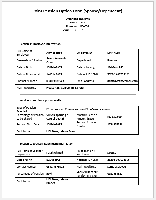 Joint Pension Option Form (Spouse - Dependent)
