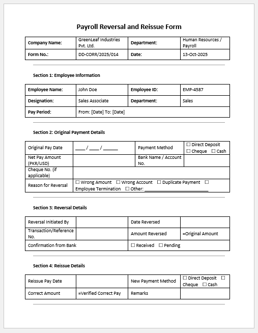 Payroll Reversal and Reissue Form