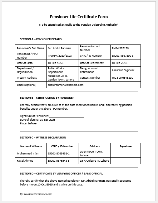 Pensioner Life Certificate Form