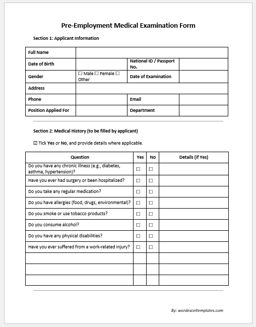 Pre-Employment Medical Examination Form