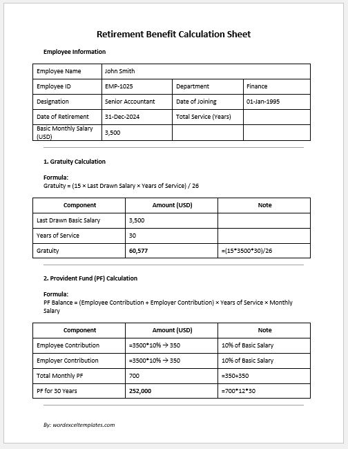 Retirement Benefit Calculation Sheet