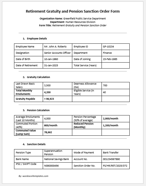 Retirement Gratuity and Pension Sanction Order Form