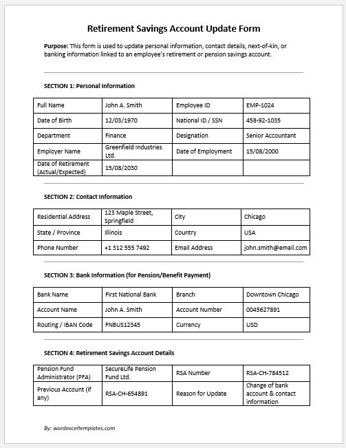 Retirement Savings Account Update Form