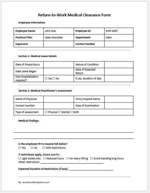 Return-to-Work Medical Clearance Form