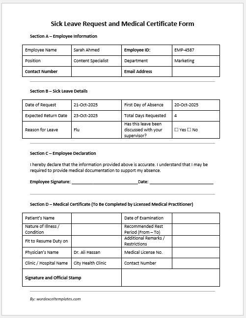 Sick Leave Request and Medical Certificate Form