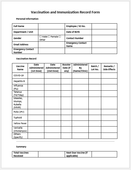 Vaccination and Immunization Record Form