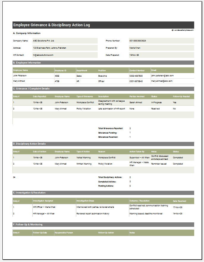 Employee Grievance & Disciplinary Action Log
