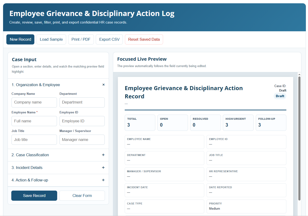 Employee Grievance and Disciplinary Action Log