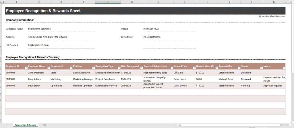 Employee Recognition & Rewards Sheet