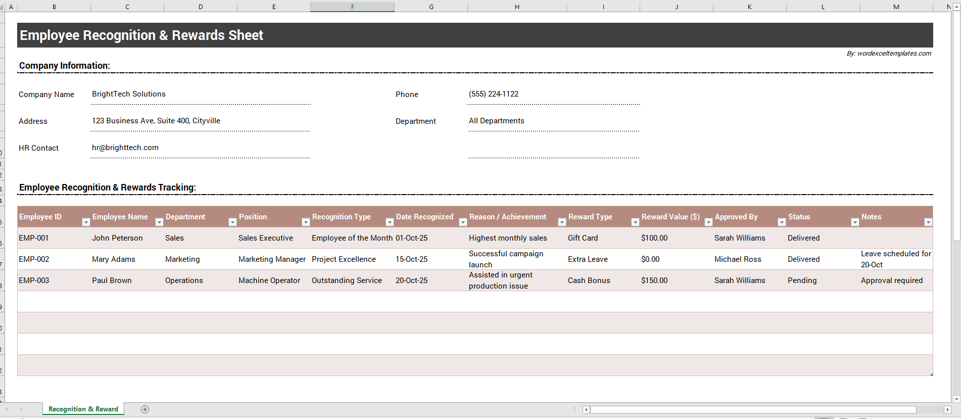 Employee Recognition & Rewards Sheet