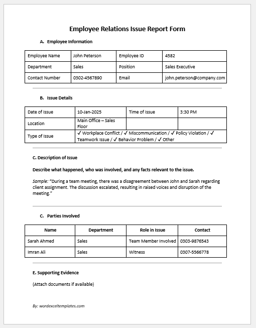 Employee Relations Issue Report Form