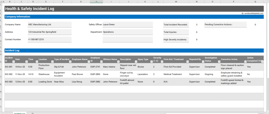 Health & Safety Incident Log