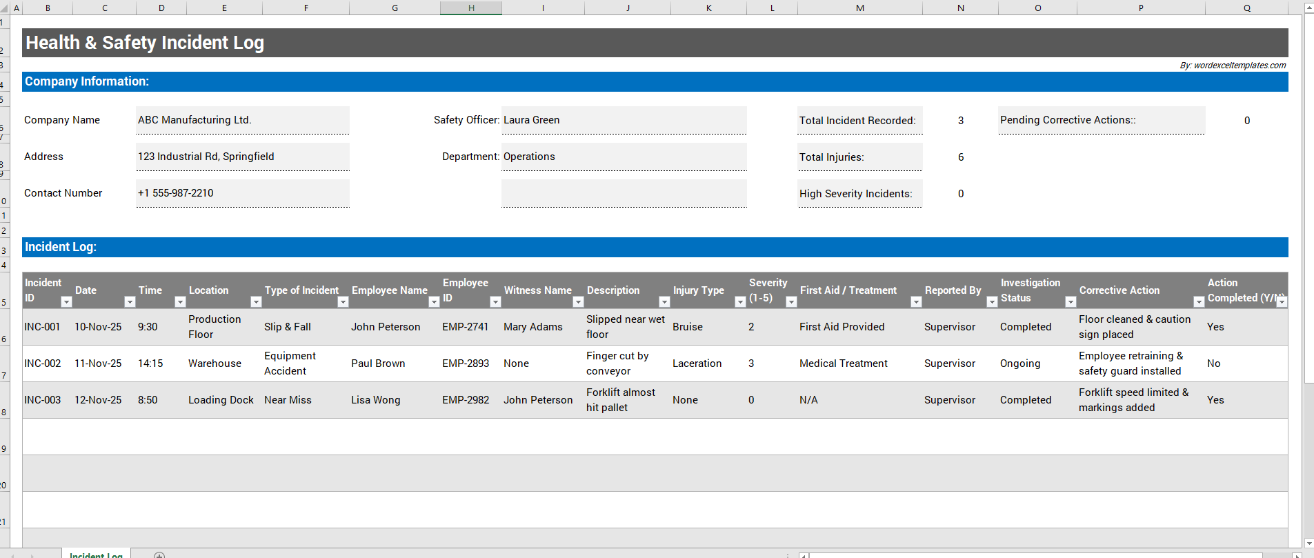 Health & Safety Incident Log