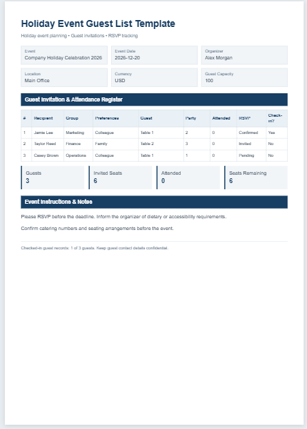 Holiday Event Guest List Template