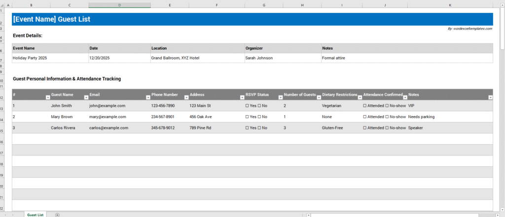 Holiday Event Guest List Template