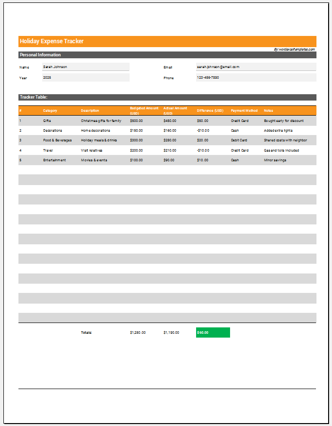 Holiday Expense Tracker Template for Excel