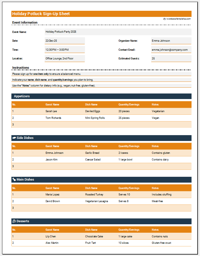 Holiday Potluck Sign-Up Sheet