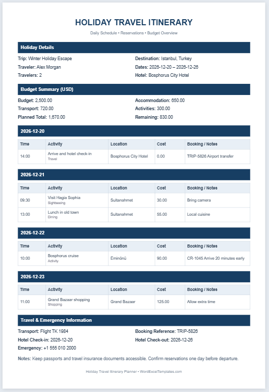 Holiday Travel Itinerary Planner