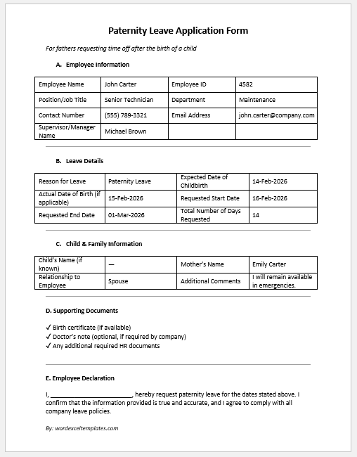 Paternity Leave Application Form