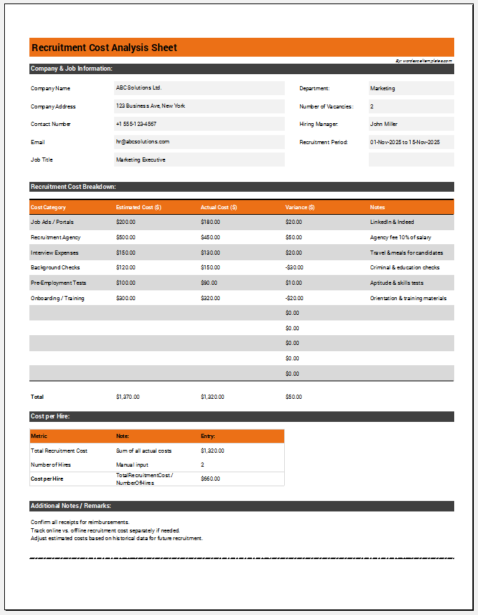 Recruitment Cost Analysis Sheet
