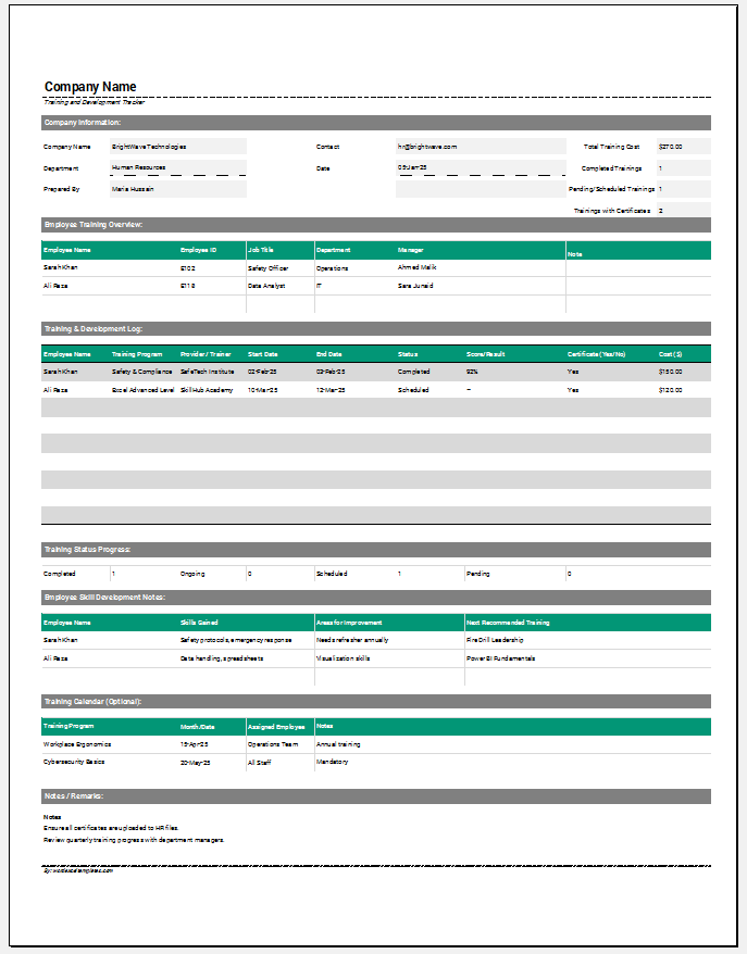 Training and Development Tracker Template