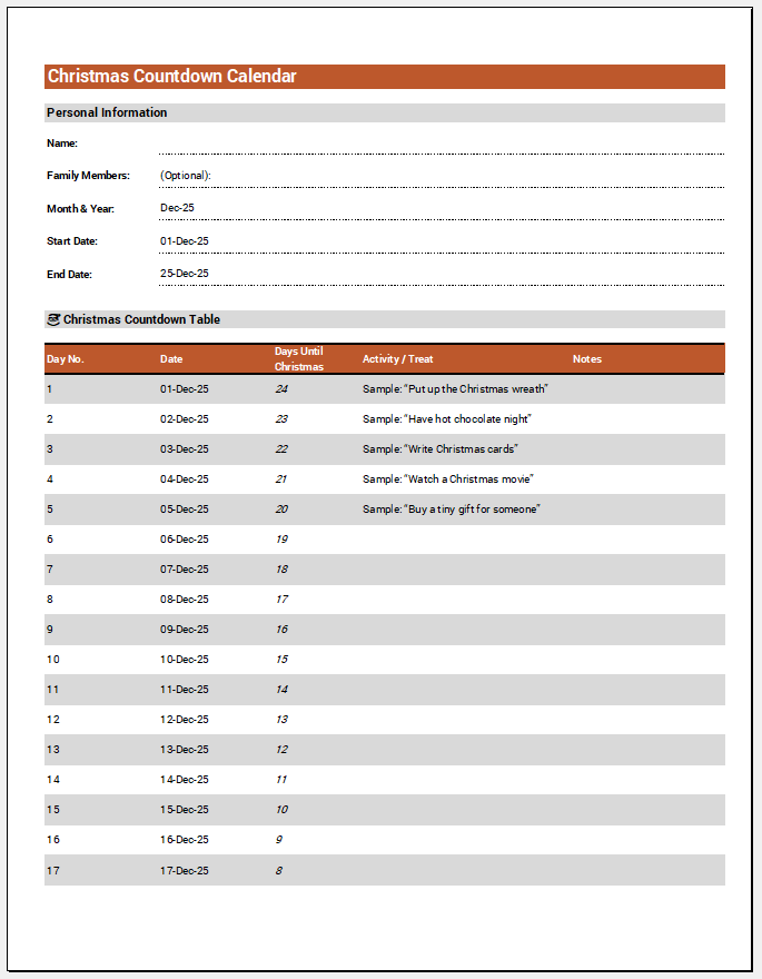 Christmas Countdown Calendar