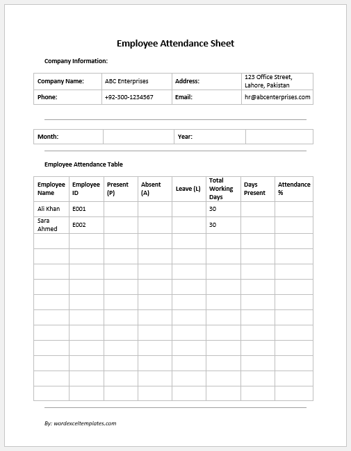 Employee Attendance Sheet