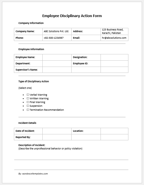 Employee Disciplinary Action Form