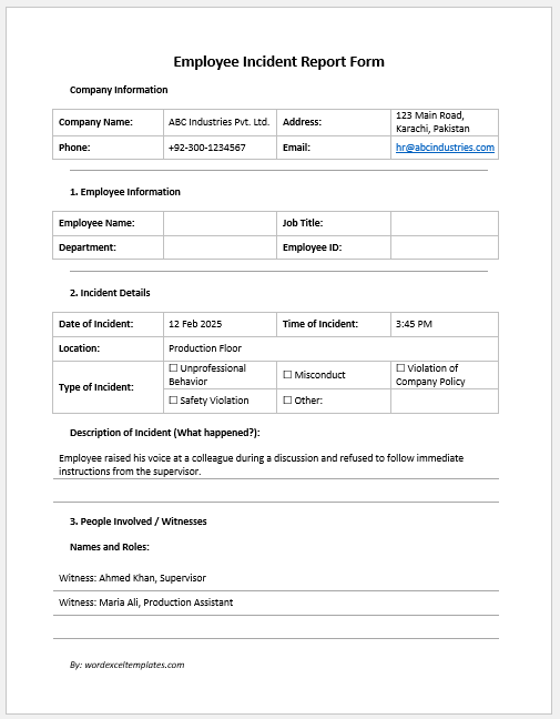 Employee Incident Report Form