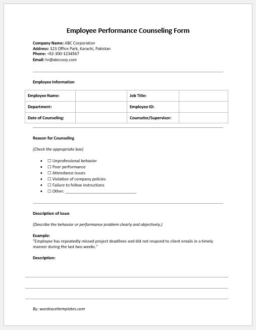 Employee Performance Counseling Form