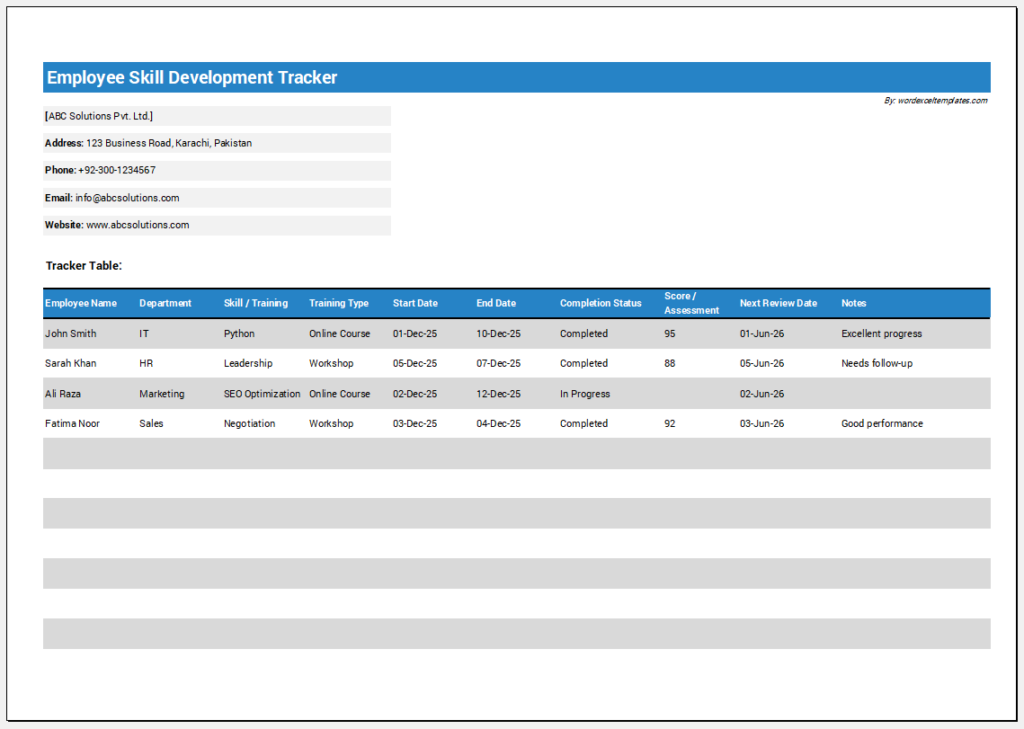 Employee Skill Development Tracker for Excel